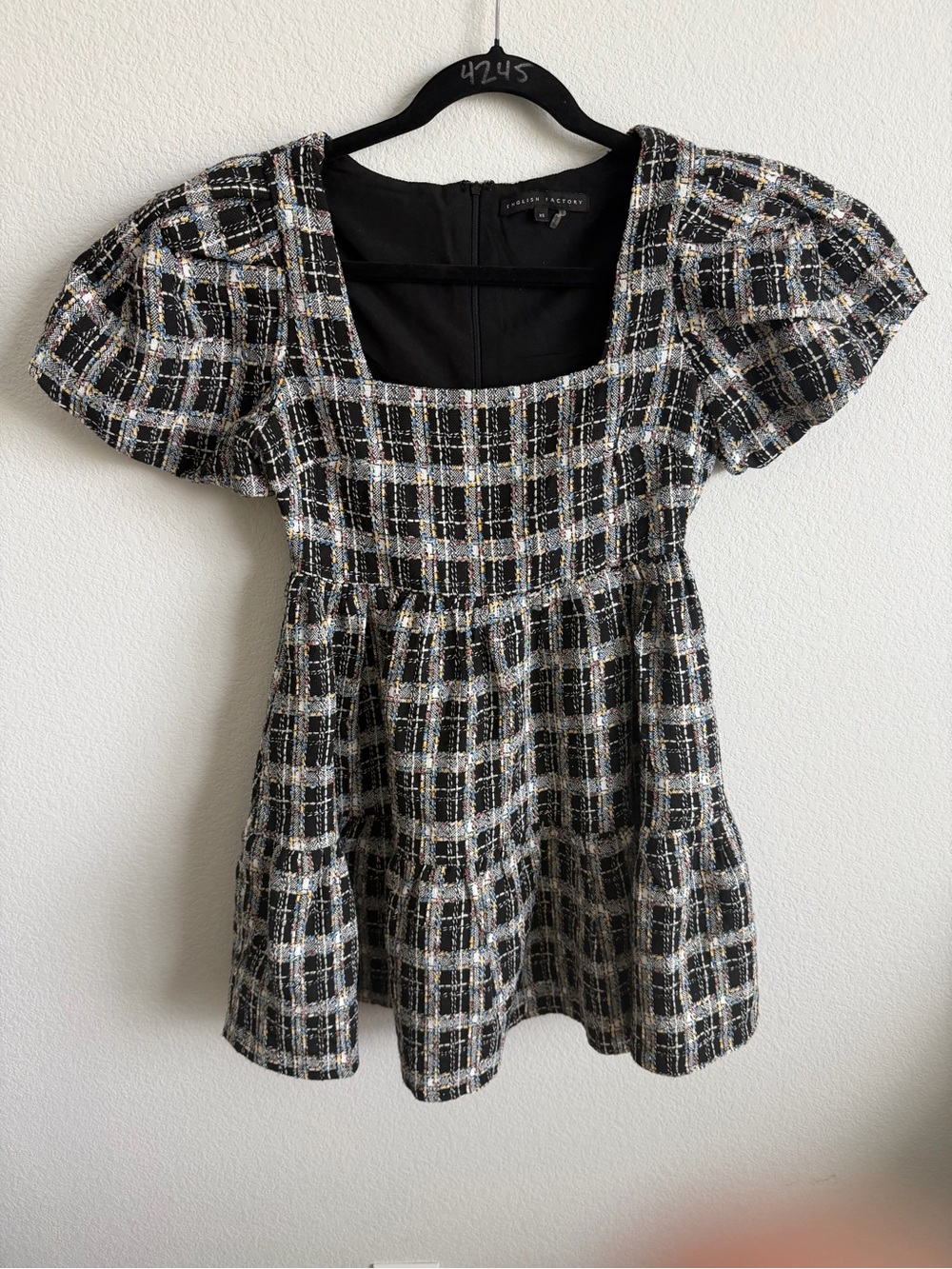 English Factory Black Tweed Plaid Square-Neck Mini Dress